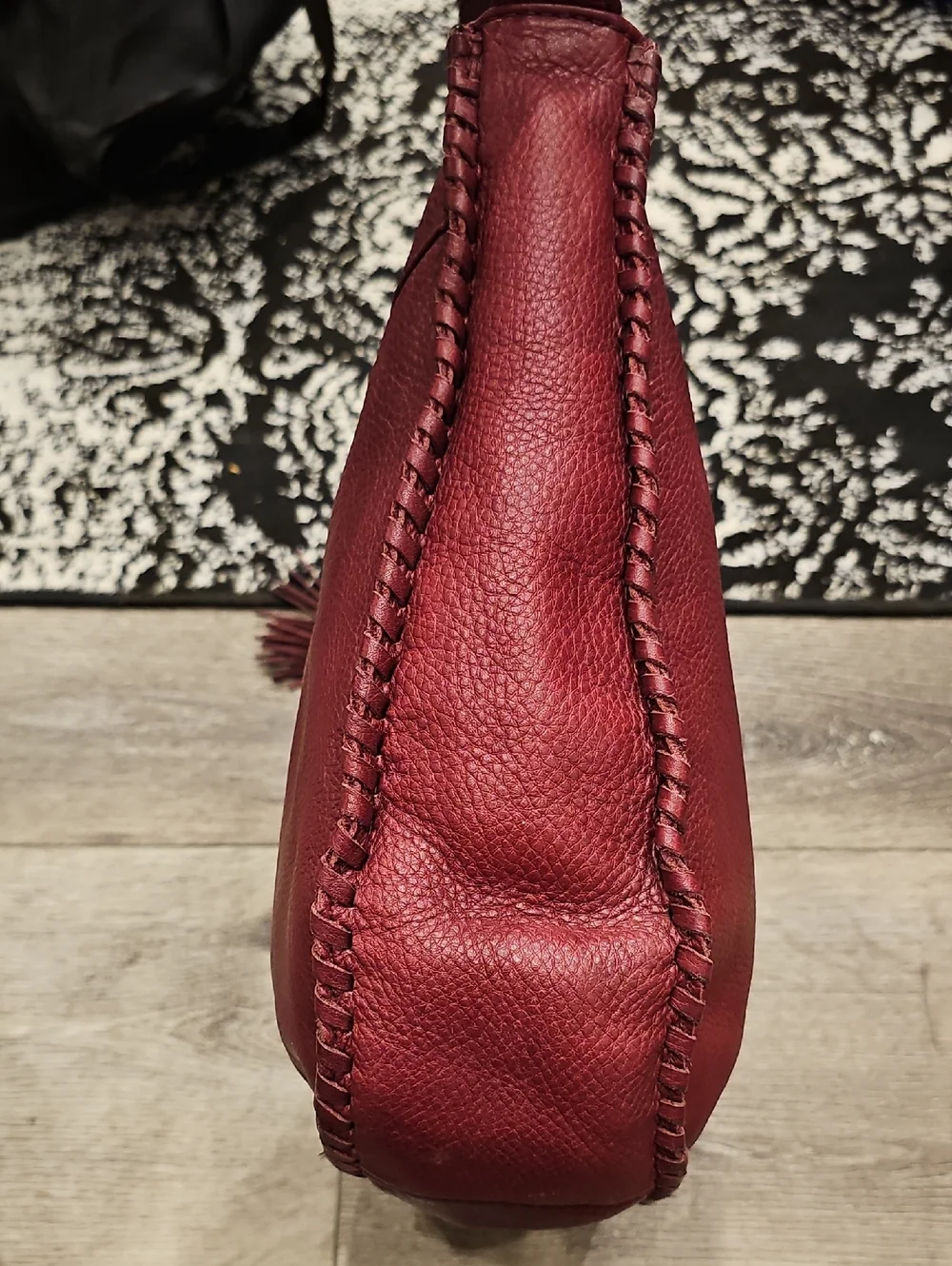 C- HOBO Burgundy Leather Shoulder Bag Whipstitching & Tassel (Medium/Large Size)